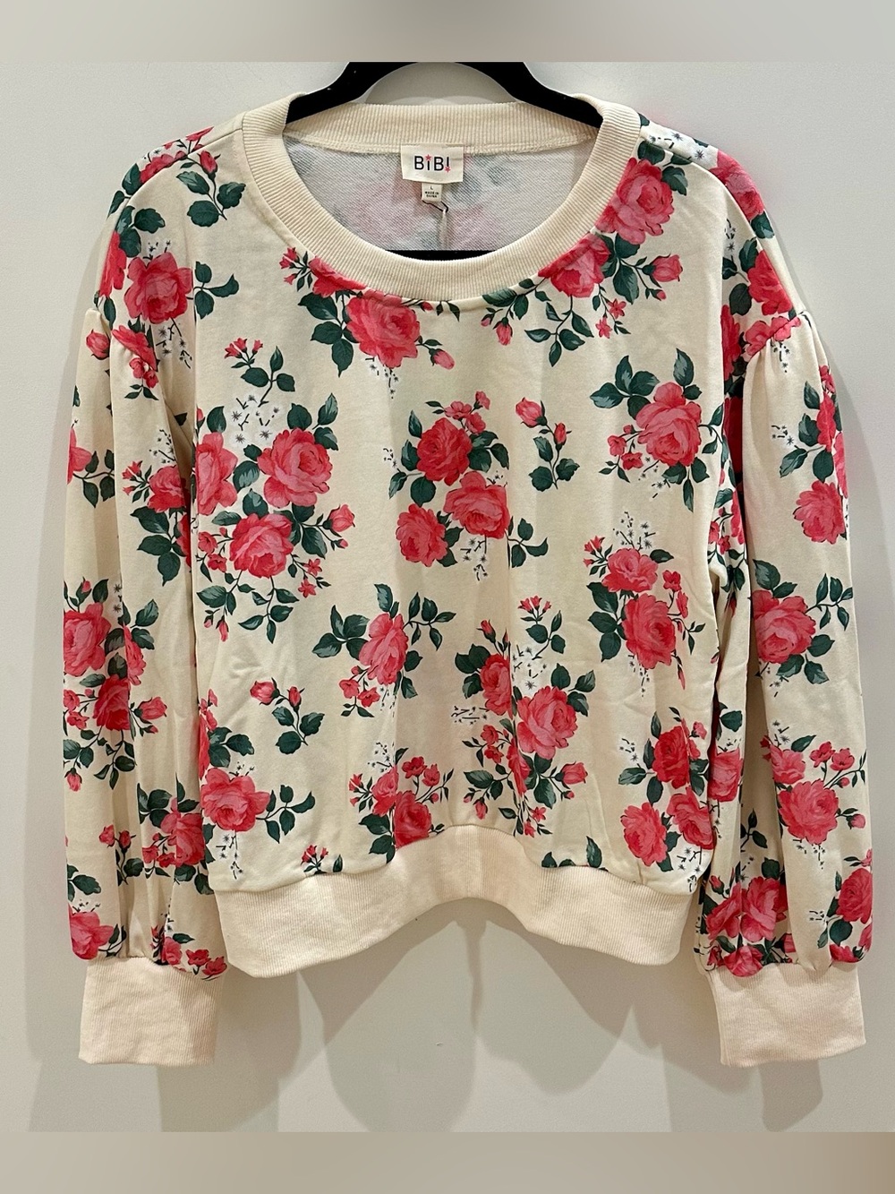 NWT BiBi Vintage Rose Floral Balloon Sleeves Sweatshirt Size L - Picture 2 of 4